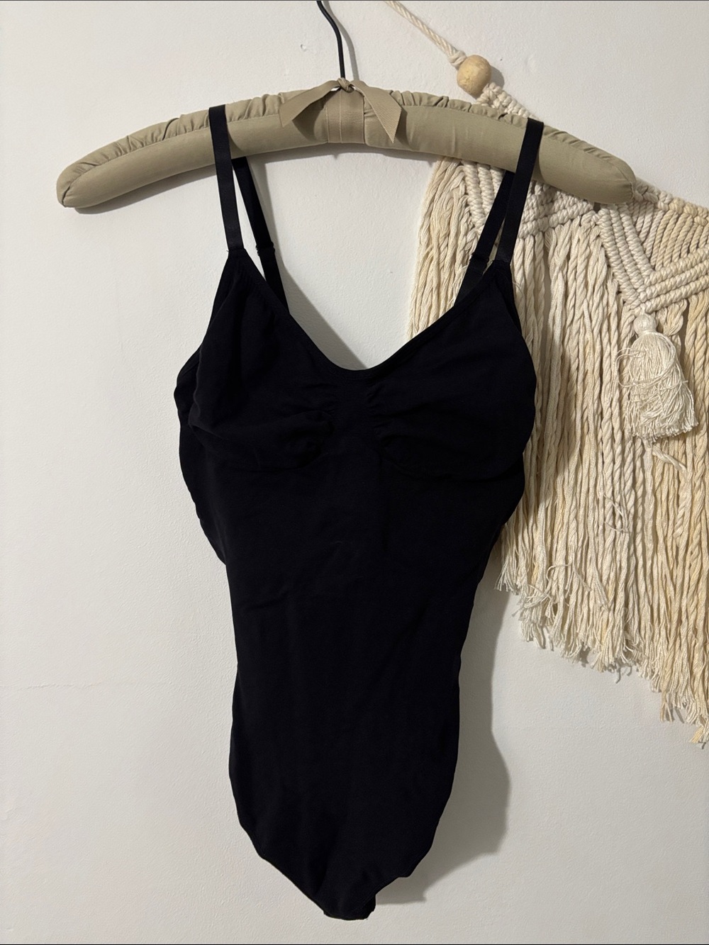 Sleek Black Ruched Spaghetti-Strap Bodysuit- Shapewear